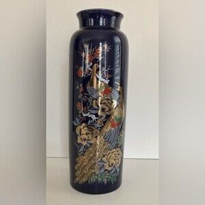 VASE COBALT BLUE INTERPUR PEACOCK VASE GOLD TRIM MADE IN JAPAN 10.75 " TALL